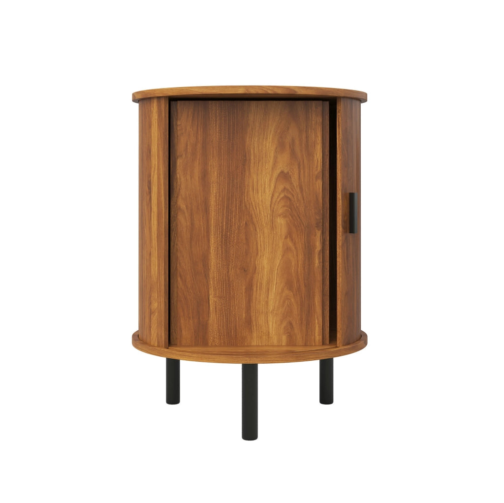 Mobiletto rotondo con anta scorrevole e ripiano interno; 48x48x65 cm; noce
