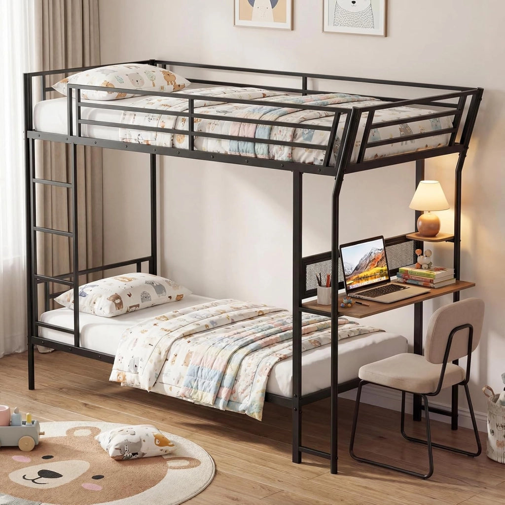 Letto a Castello con Scrivania, 90x190 cm, Struttura Letto in Metallo con Postazione di Lavoro in Legno, con Sponde di Sicurezza e Scala, Lettino Loft Carico 220 kg