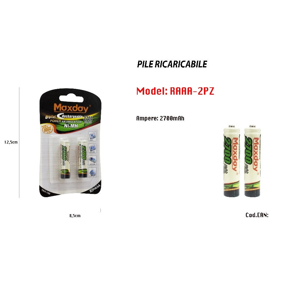 Trade Shop - 2 Pile Aaa 2700 Mah Batterie Mini Stilo Ricaricabili Pila Telecomandi Macchine -