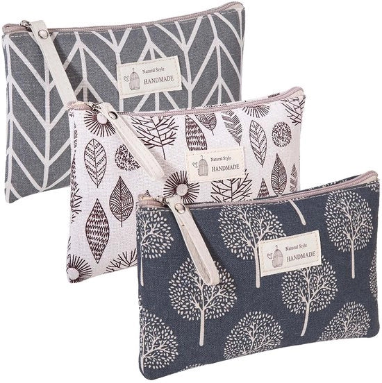 Set di 3 borse in tela di canapa per cosmetici, piccole borse da toeletta con cerniera per donne, borse per cosmetici, borse da viaggio, borse per trucchi, organizzatore, borse da toeletta multifunzionali, beige, grigio, blu
