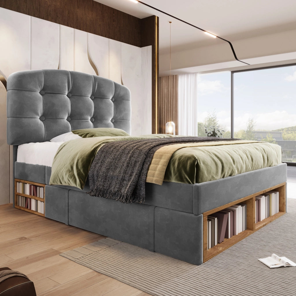 Letto singolo 90x200 cm, rivestito in velluto, testiera regolabile, 2 cassetti, grigio
