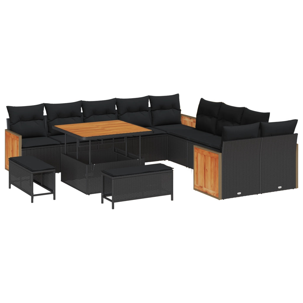 Set Divano Giardino  13 Pezzi con Cuscini Neri Polyrattan Acacia