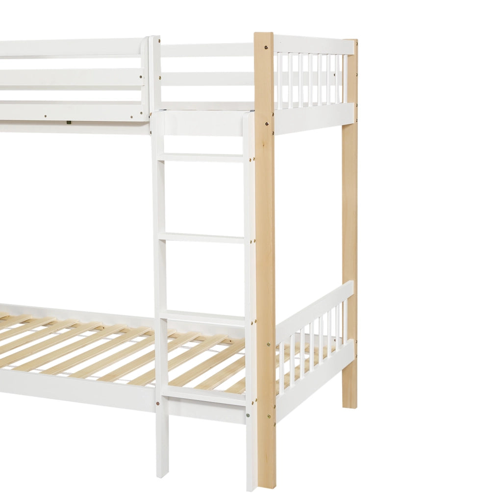 Letto a castello per bambini 90x200 cm con armadio laterale; scala a 4 gradini; bianco/naturale