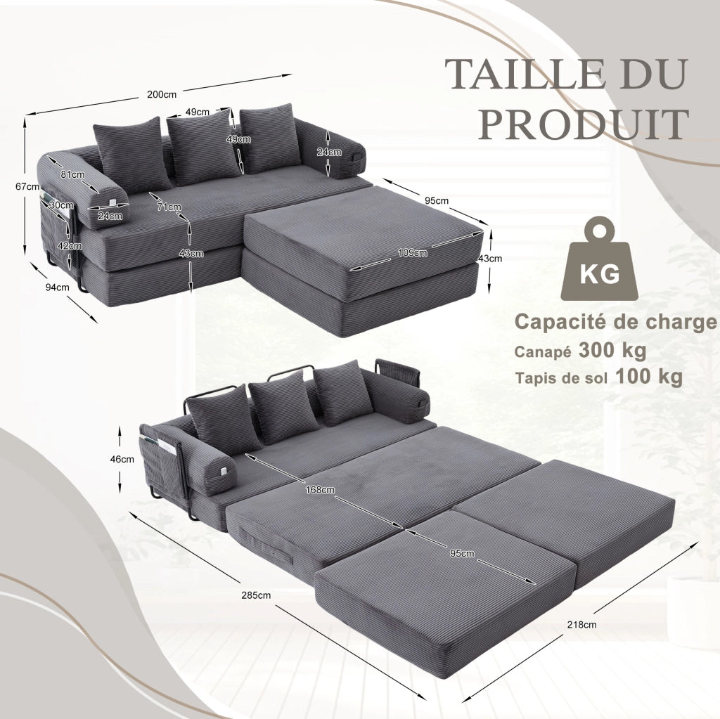 Divano modulare in velluto a coste con pouf, 3 cuscini e tasca laterale, grigio scuro