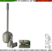 Ricevente Radio Bicanale Freq. 433,92 MHz Accetta Codice Fisso 12/96 Bit Come UM 86409 Oppure 180 Stealth o Rolling Code Base 2 Relè Impulsivi o Stabili ON-OFF Alimentazione 12/24 Vac Protezione IP55