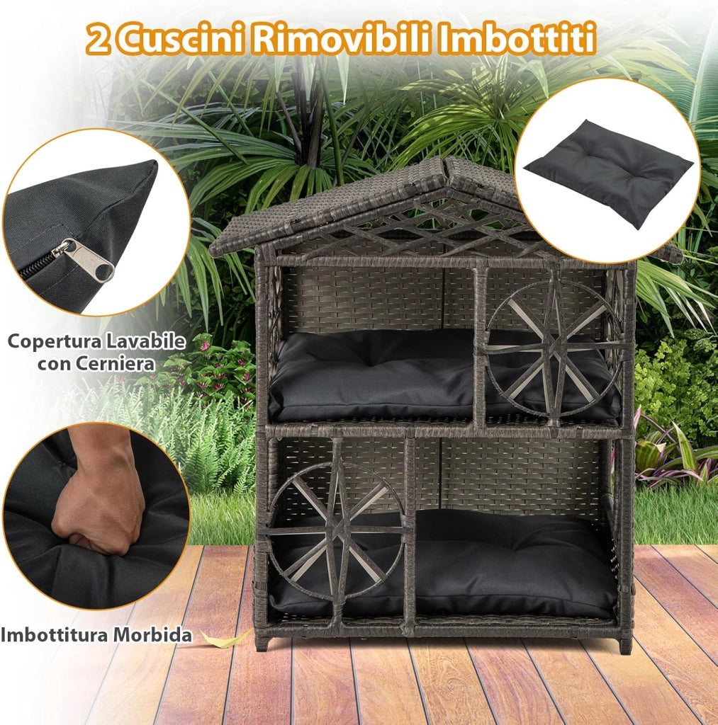 Casa per Gatti in Vimini a 2 Piani, Recinto per Gattini in Rattan con Cuscini Rimovibili, Tetto, Finestre e Porte, Rifugio Elevato da Interno ed Esterno per Conigli e Gattini