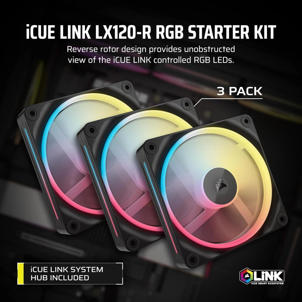 iCUE LINK LX120-R RGB 120mm Ventole PWM Invertite – Kit Tripla Ventola – Basso Rumore, CORSAIR Cuscinetto Magnetico a Cupola, Doppio Anello Luminoso, Viti QuikTurn™, Modalità Zero RPM – Nero