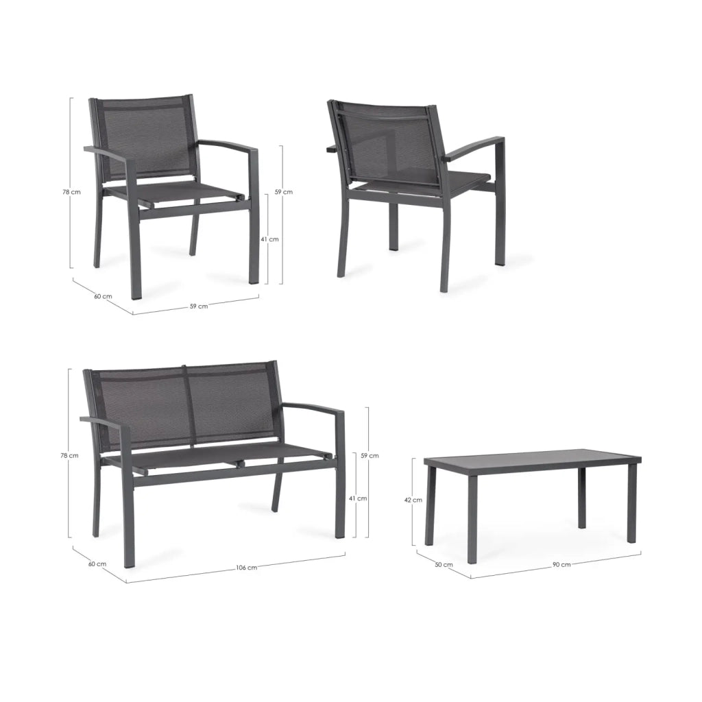 Set salotto Florida 4 Posti antracite con tavolino in vetro temperato