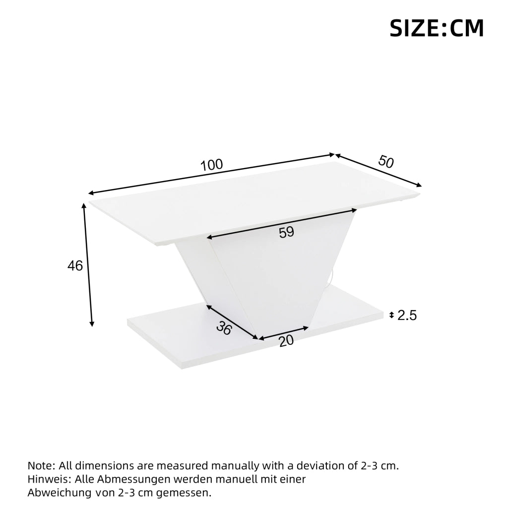 Tavolino da caffè 100x50x46 cm; illuminazione LED e forma a V; truciolato; bianco