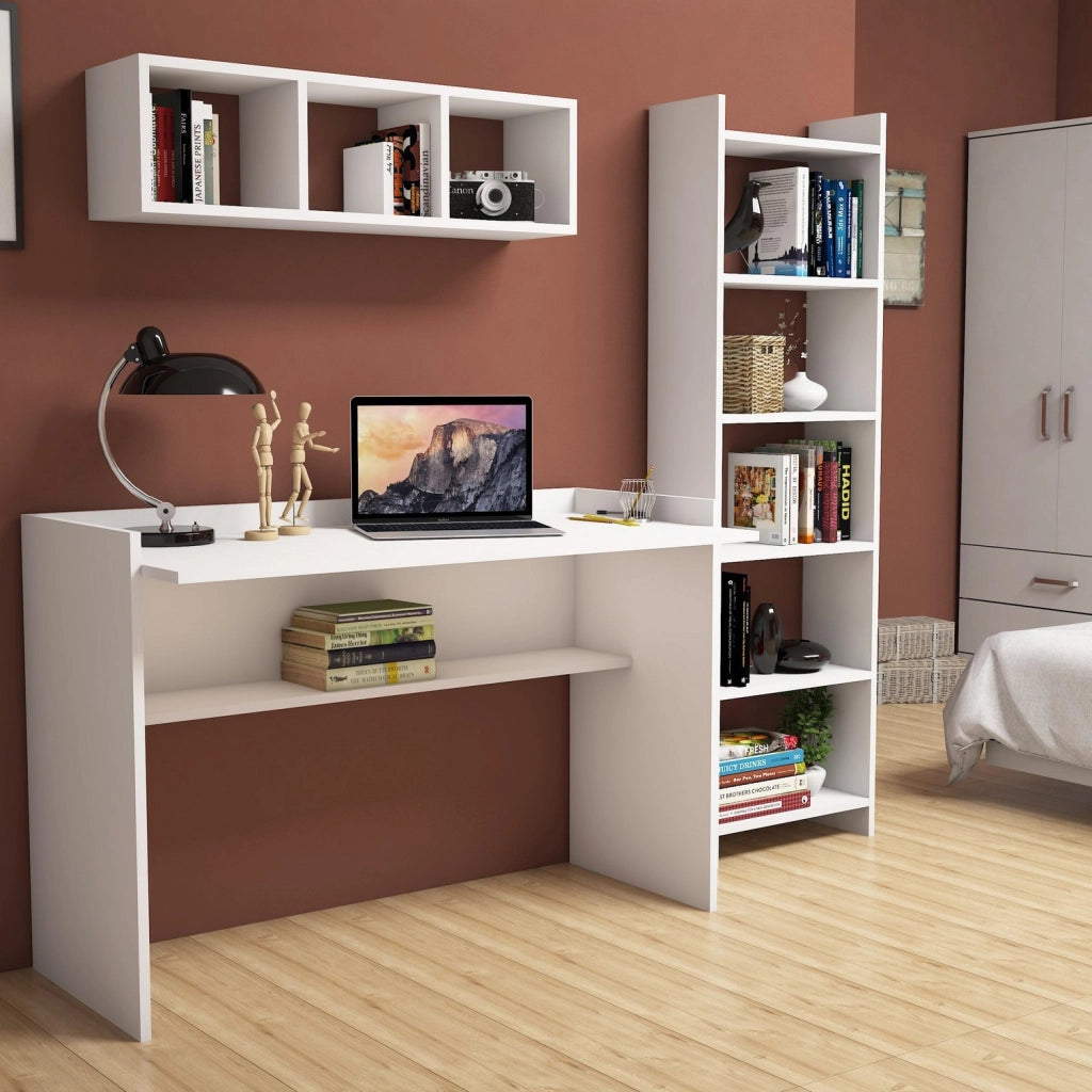 Scrivania in legno "Hera" con libreria e mensola a muro - 118 x 58 x 80 cm - Bianco
