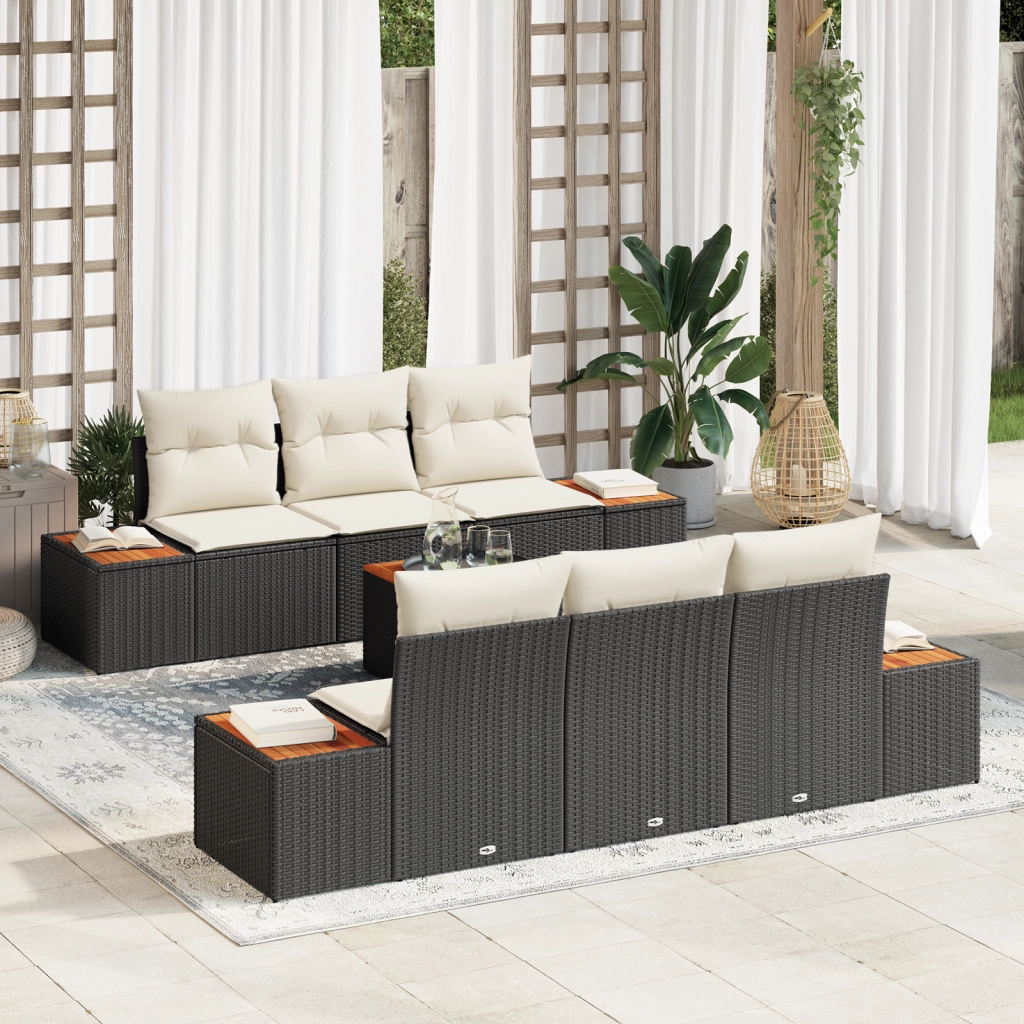 Set di Divani da Giardino 7 Pezzi con Cuscini Nero Polyrattan Acacia