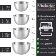Set di contenitori in acciaio inossidabile da 4 pezzi - resistenti al lavastoviglie - 1 l, 15 l, 25 l e 35 l - contenitori sovrapposti - contenitori con superficie antiscivolo - set di contenitori per mescolare e servire
