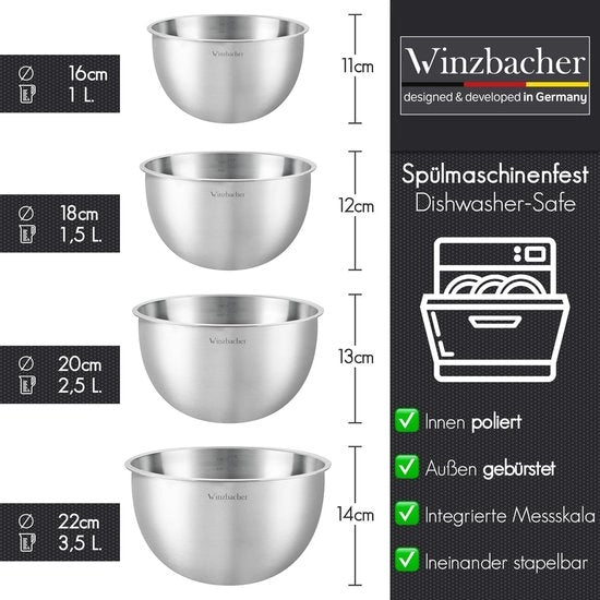 Set di contenitori in acciaio inossidabile da 4 pezzi - resistenti al lavastoviglie - 1 l, 15 l, 25 l e 35 l - contenitori sovrapposti - contenitori con superficie antiscivolo - set di contenitori per mescolare e servire