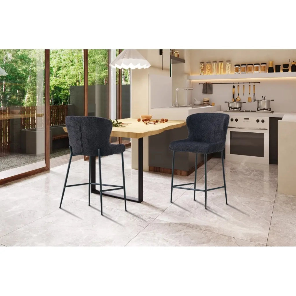Sedia da bancone LISE - Tessuto bouclé grigio scuro - Piedi in metallo nero - Stile design/industriale
