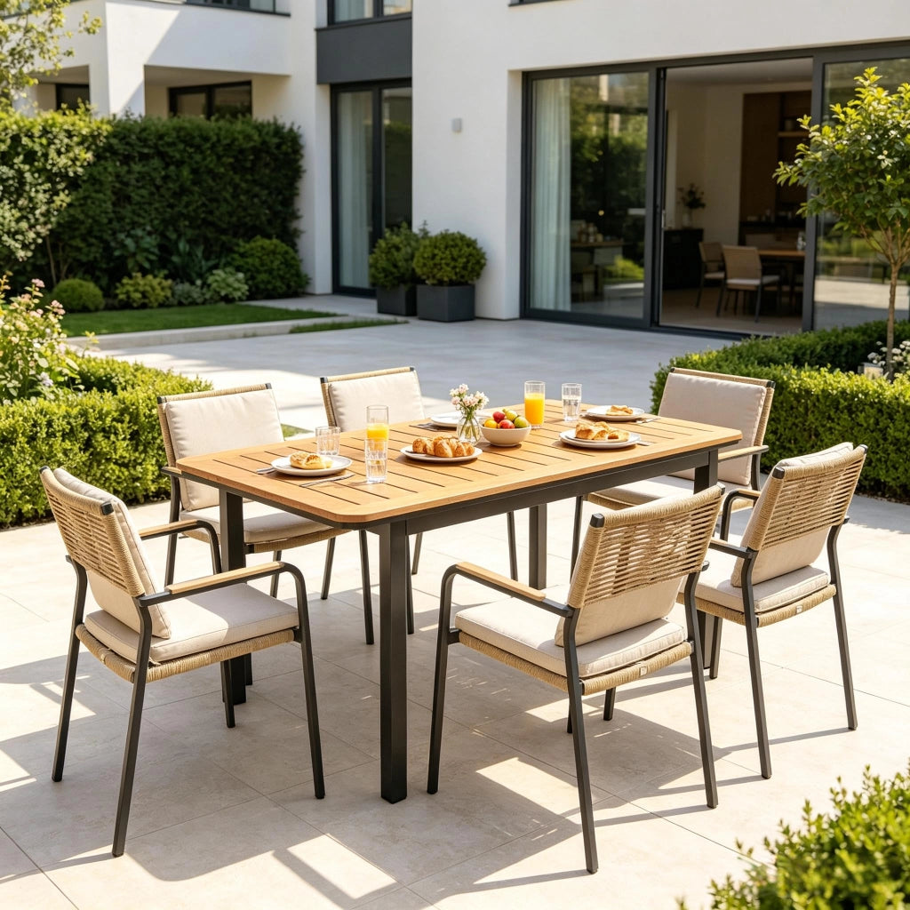 Tavolo da giardino per 6 persone con piano effetto legno resistente alle intemperie e telaio in metallo marrone