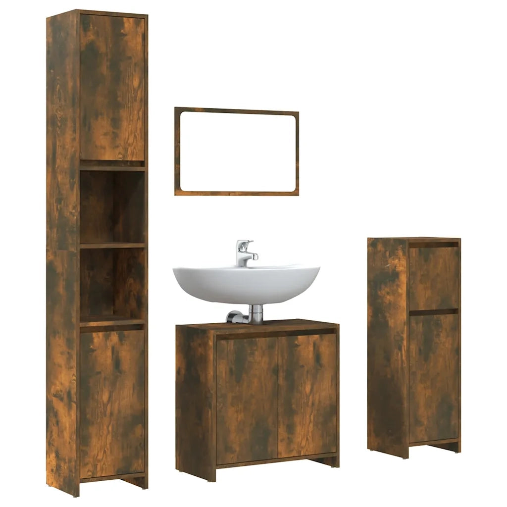 Set Mobili da Bagno | Armadio da bagno 4 pz Rovere Fumo in Legno Multistrato
