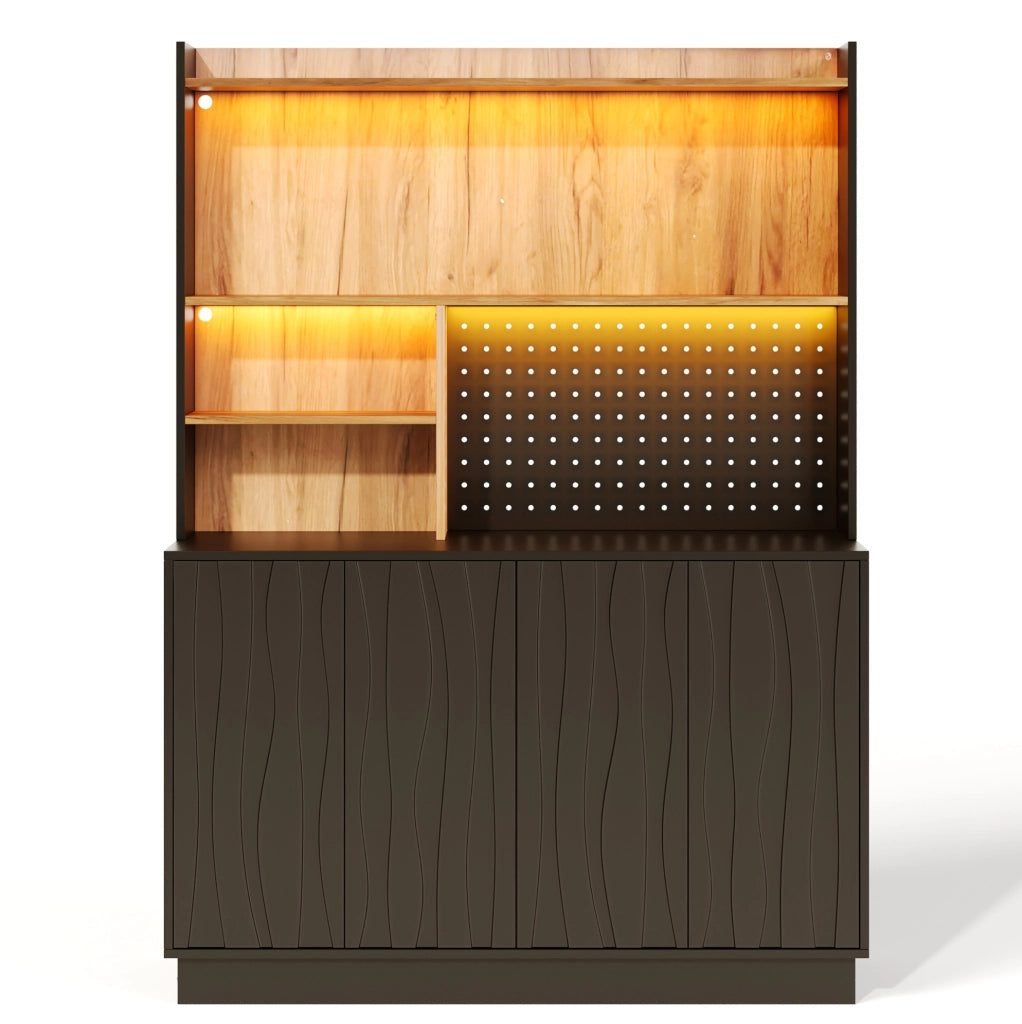 Mobile da cucina 120x43x160 cm con LED RGB, prese e porte USB in MDF nero e naturale