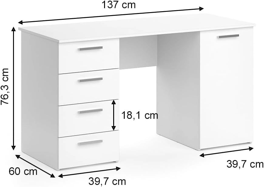 Scrivania Nico, Bianco, 137 x 60 cm, adatto come postazione di lavoro e combinabile con sistemi di scaffalature