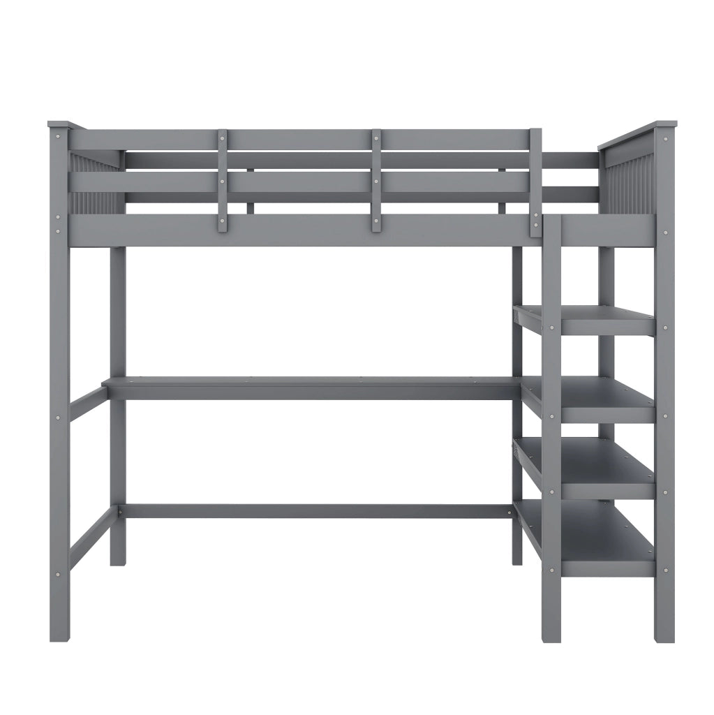 Letto a soppalco 140x200 cm con scrivania e vani portaoggetti in pino e MDF grigio