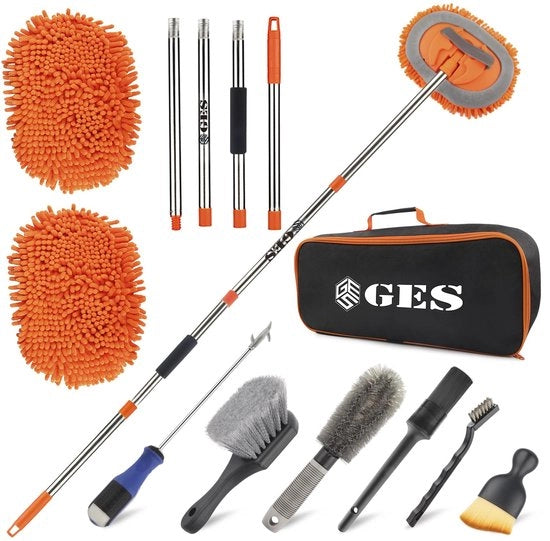 Autowasmop con lunga asta, 62 pollici autowaschetta con asta telescopica, set di pulizia microfibra Chenille 2-in-1 con borsa di stoccaggio per l'auto e la pulizia domestica