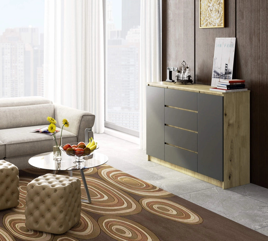 Cassettiera AKORD K140 Quercia Artisan 138 cm 2 ante 4 cassetti inserto frontale Grigio Grafite 138x40x99 cm