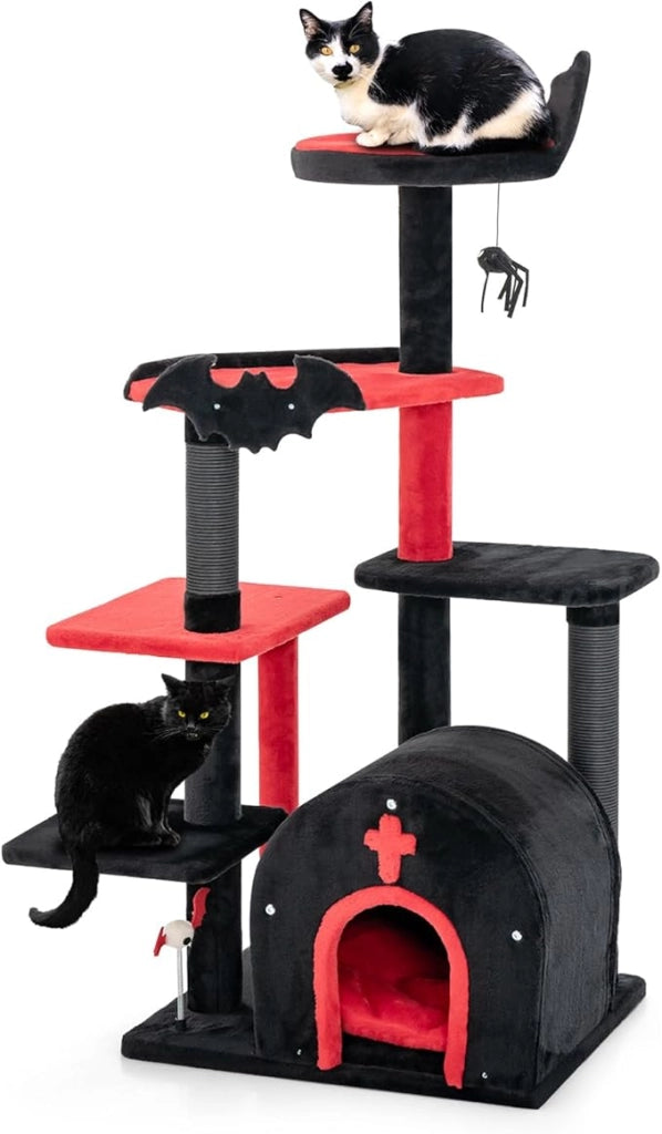Albero per Gatti Gotico, Tiragraffi con Letto per Gatti, Condominio ad Arco, Pali, Pompom e Palline a Molla, Cat Tree di Halloween a 6 Livelli