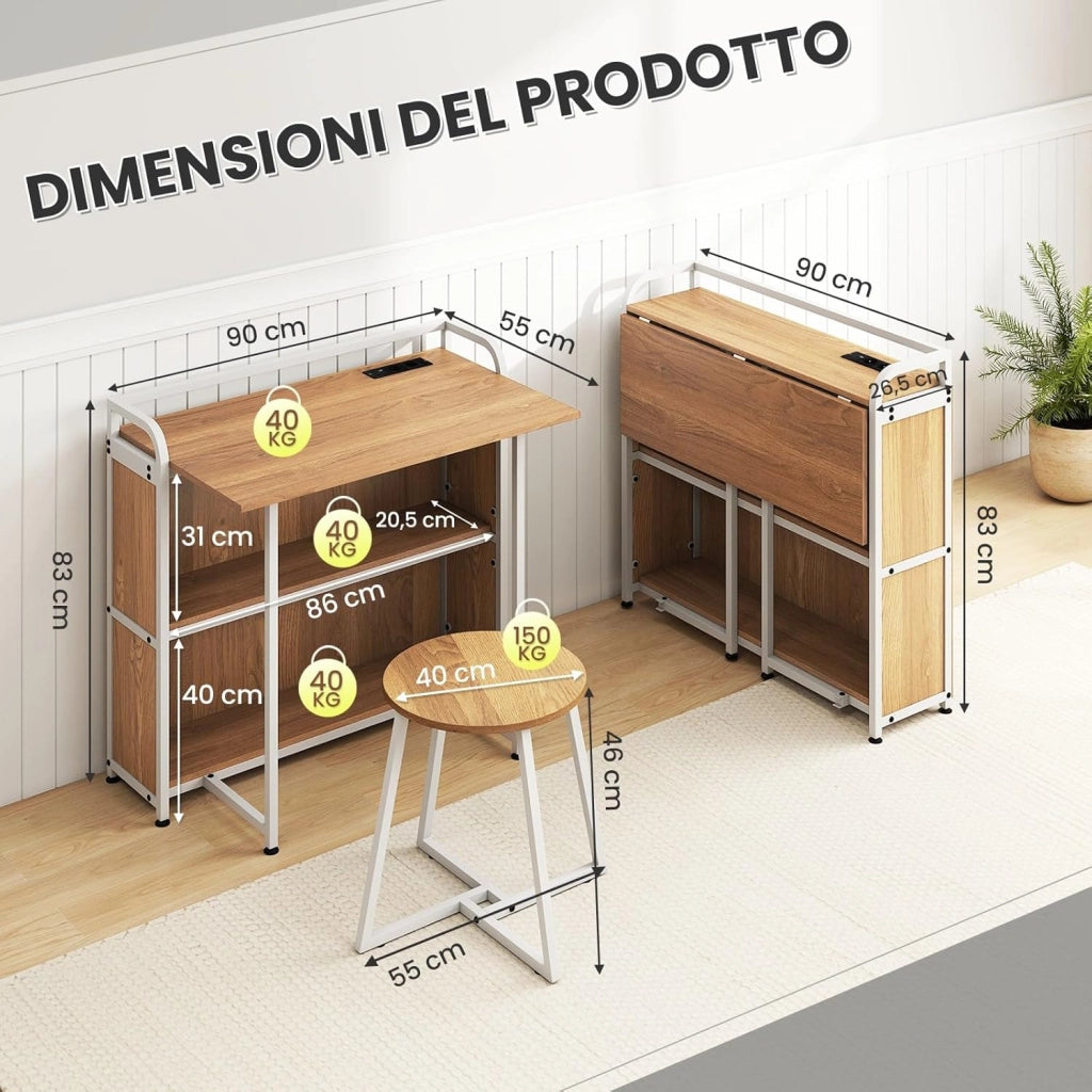 Scrivania Pieghevole con Sgabello, Scrivania Portatile con Scaffale e Stazione di Ricarica, Tavolo da Scrittura con Sedia per Studio e Ufficio (Naturale)