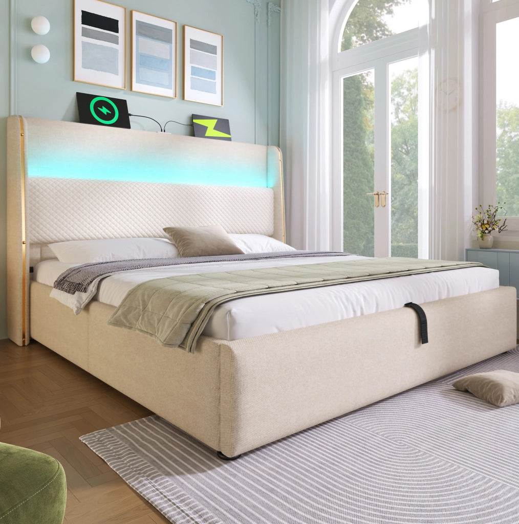 Letto matrimoniale con testiera alta, LED, USB e spazio contenitivo, con materasso incluso
