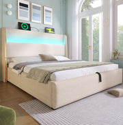 Letto matrimoniale con testiera alta, LED, USB e spazio contenitivo, con materasso incluso