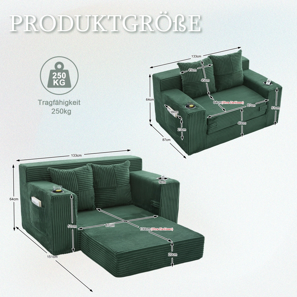 Divano pouf in velluto a coste con 2 cuscini e tasche laterali; 151x133x64 cm; smeraldo
