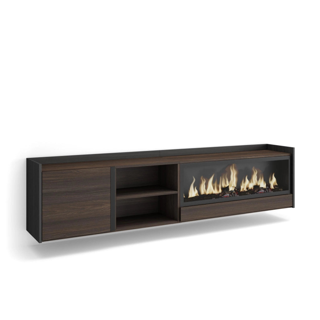 Mobile TV Soggiorno, 212x50x35 cm, Per TV fino a 80", Camino elettrico XXL, Sospeso, da appendere, Rovere scuro e Nero
