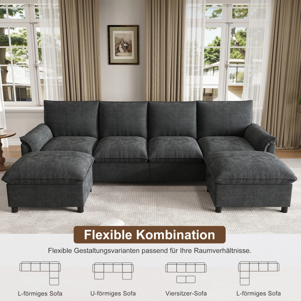 Divano in ciniglia nero con 2 pouf mobili, 264,5×142,5×84 cm