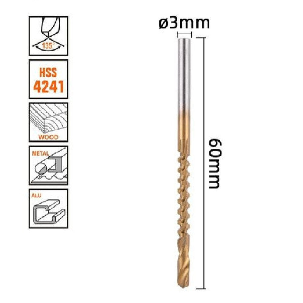 Trade Shop - Punta Trapano Elicoidale ø 3mmx60mm In Titanio Hss 4241 Per Metallo Legno 57147 -