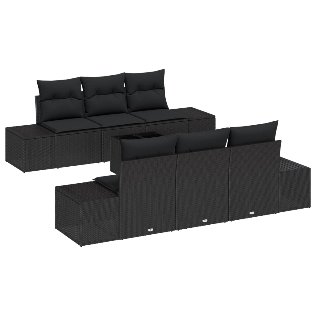 Set Divano Giardino 7 Pezzi con Cuscini Nero Polyrattan