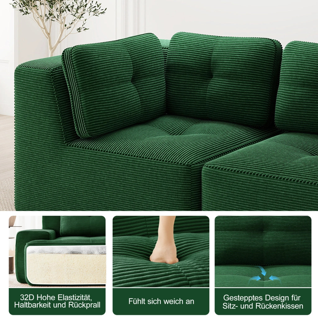 Divano angolare modulare in velluto a coste verde 297x177x69 cm; senza montaggio