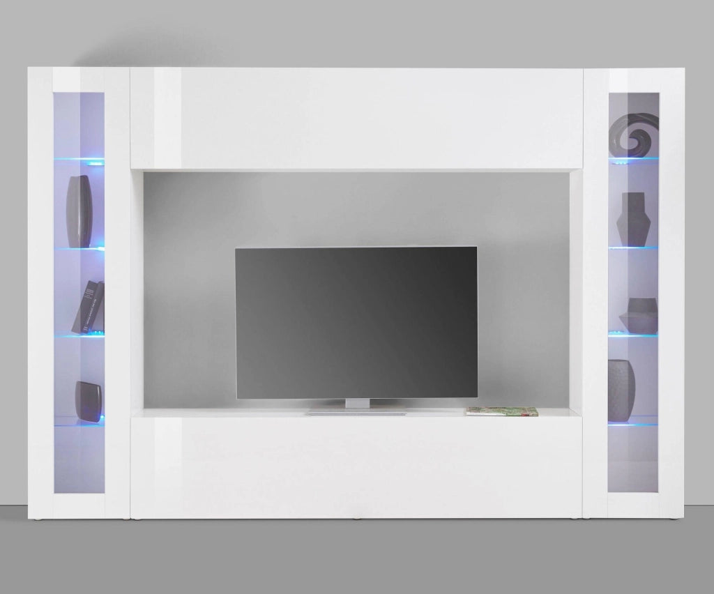 Giuliano, Parete Attrezzata 8 Ripiani Made in Italy, 30x260x180h cm Bianco Lucido