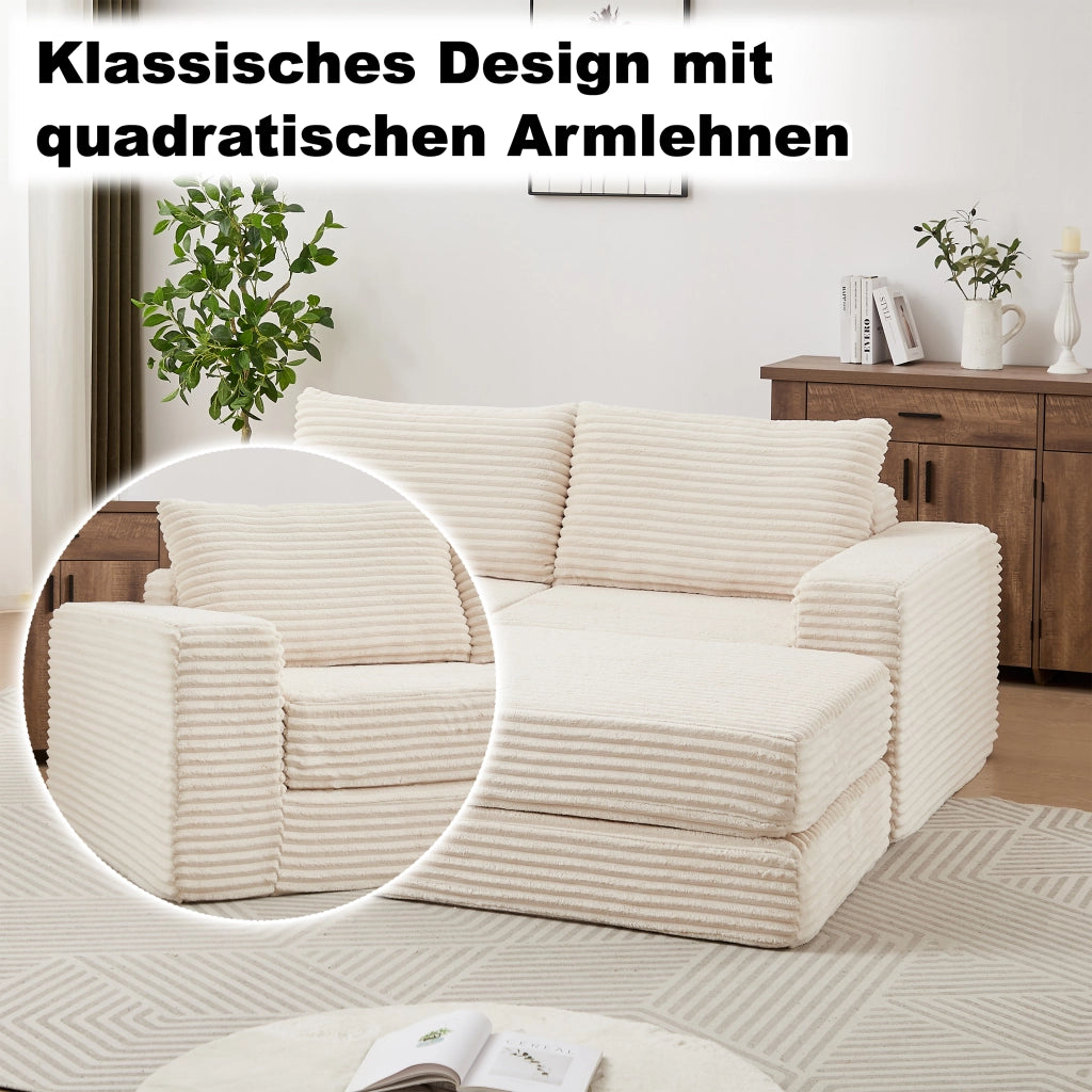 Divano letto modulare con pouf removibile e braccioli quadrati configurazione flessibile in velluto a coste beige