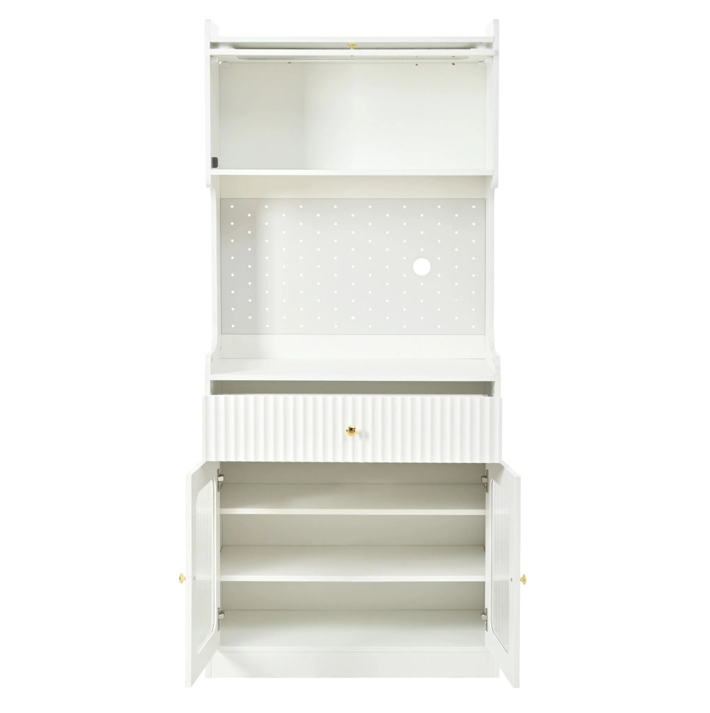 Credenza 80x40x180 cm con LED; ripiani regolabili e anta ribaltabile in MDF e truciolare bianco