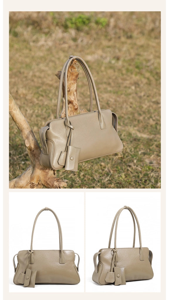 Borsa a tracolla da donna in vera pelle, modello tote o hobo, grigia.