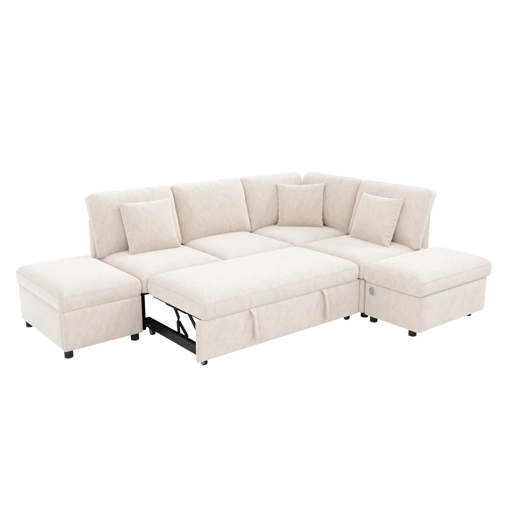 Divano angolare modulare a L con letto estraibile, 6 posti, con pouf contenitore, pannello USB/Type-C, 3 cuscini, tessuto Chenille beige