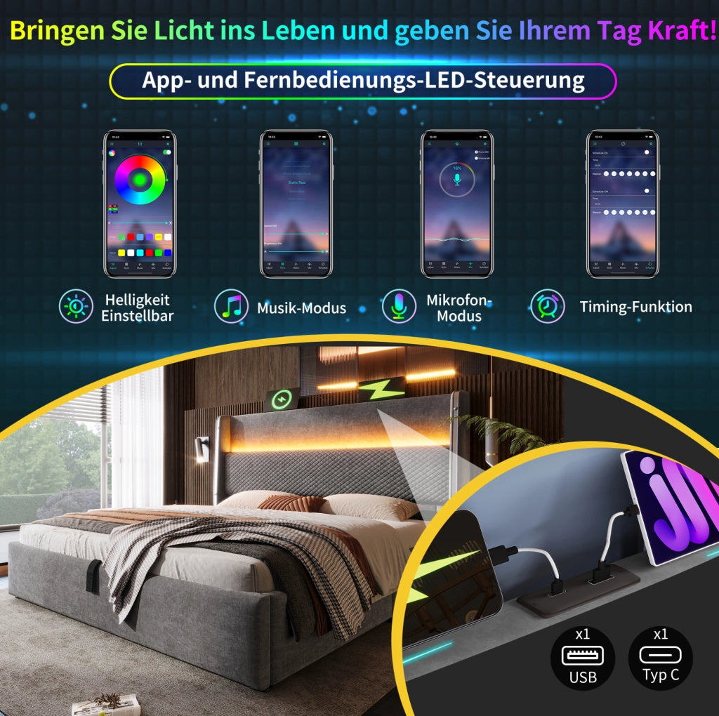 Letto matrimoniale 180x200 cm con LED, USB/Type-C e contenitore