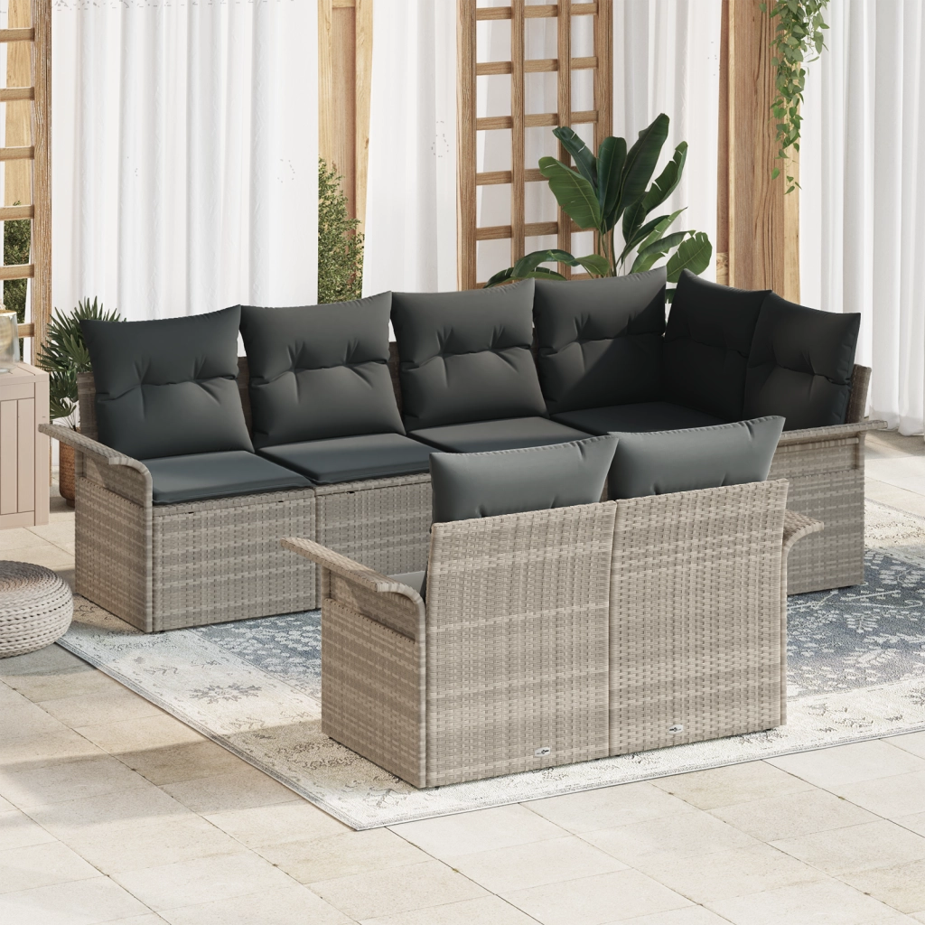 Set di divani da giardino  7 pezzi con cuscini grigio chiaro in polyrattan