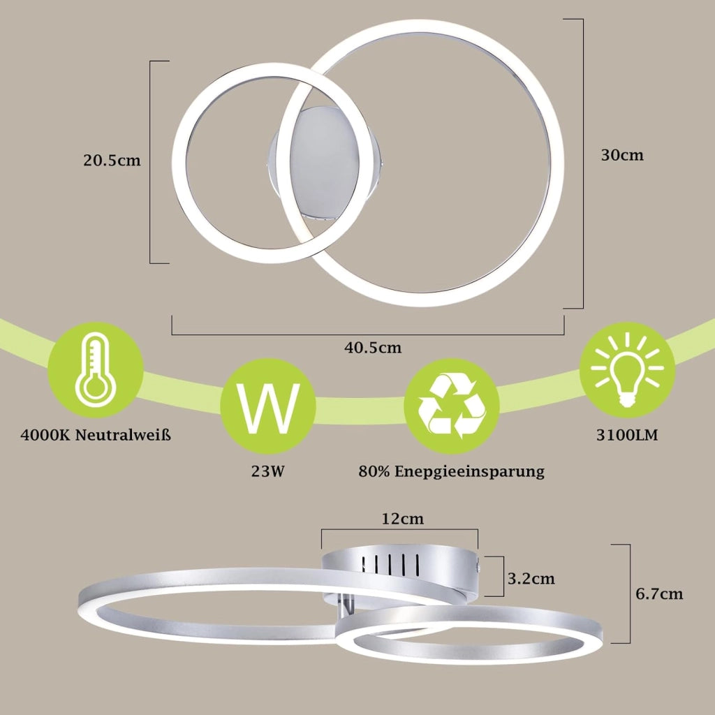 ZMH Plafoniera moderna 2 anelli LED argento 23W 4000K per soggiorno cucina camera da letto ufficio
