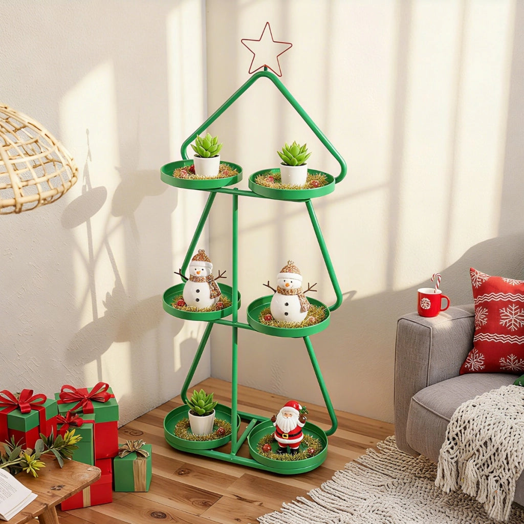 Supporto per piante di natale a forma di alberocon stella rossa e vassoi per stoccaggio, Supporto per decorazioni festive
