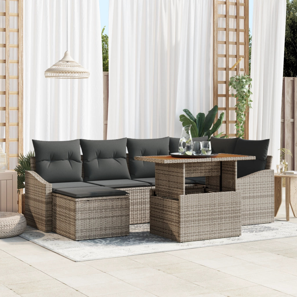 Set Pranzo Giardino 7 Pezzi con Cuscini Grigio Poly Rattan Acacia