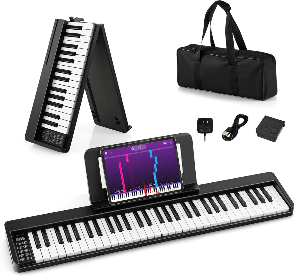 Pianoforte Digitale 61 Tasti Pieghevole con Display LED & Bluetooth, Tastiera Elettronica Multifunzionale per Principianti, Pianola Facile da Trasportare con Borsa per Pianoforte