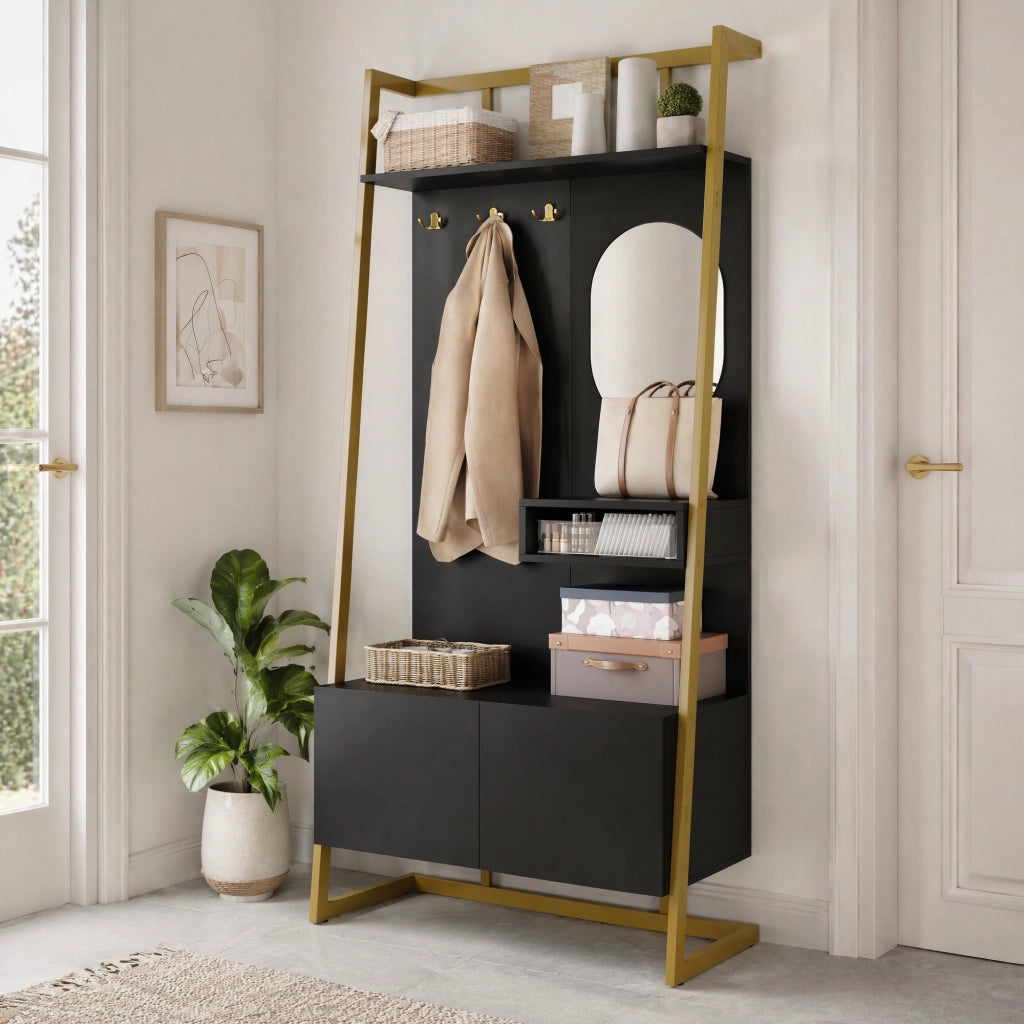 GUARDAROBA Compatto con Specchio e Scarpiera 78x38,5x180,5 cm Nero MDF e Metallo