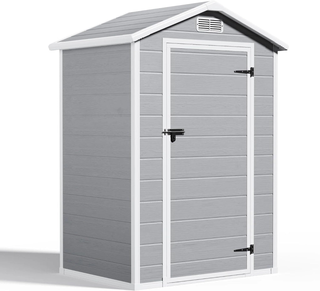 Casetta da Giardino in Resina, Capanno Porta Attrezzi Intemperie con Finestra e Ventilazione, Box Stoccaggio con Serratura per Attrezzi da Giardino, 122 x 92 x 187 cm (Grigio)