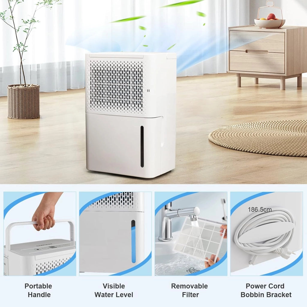Deumidificatore 12L/24H, Deumidificatore Elettrico Mobile a 3 Modalità, con Timer 24 Ore, Spegnimento Automatico, Sbrinamento, Display LED, per Appartamenti, Cantine