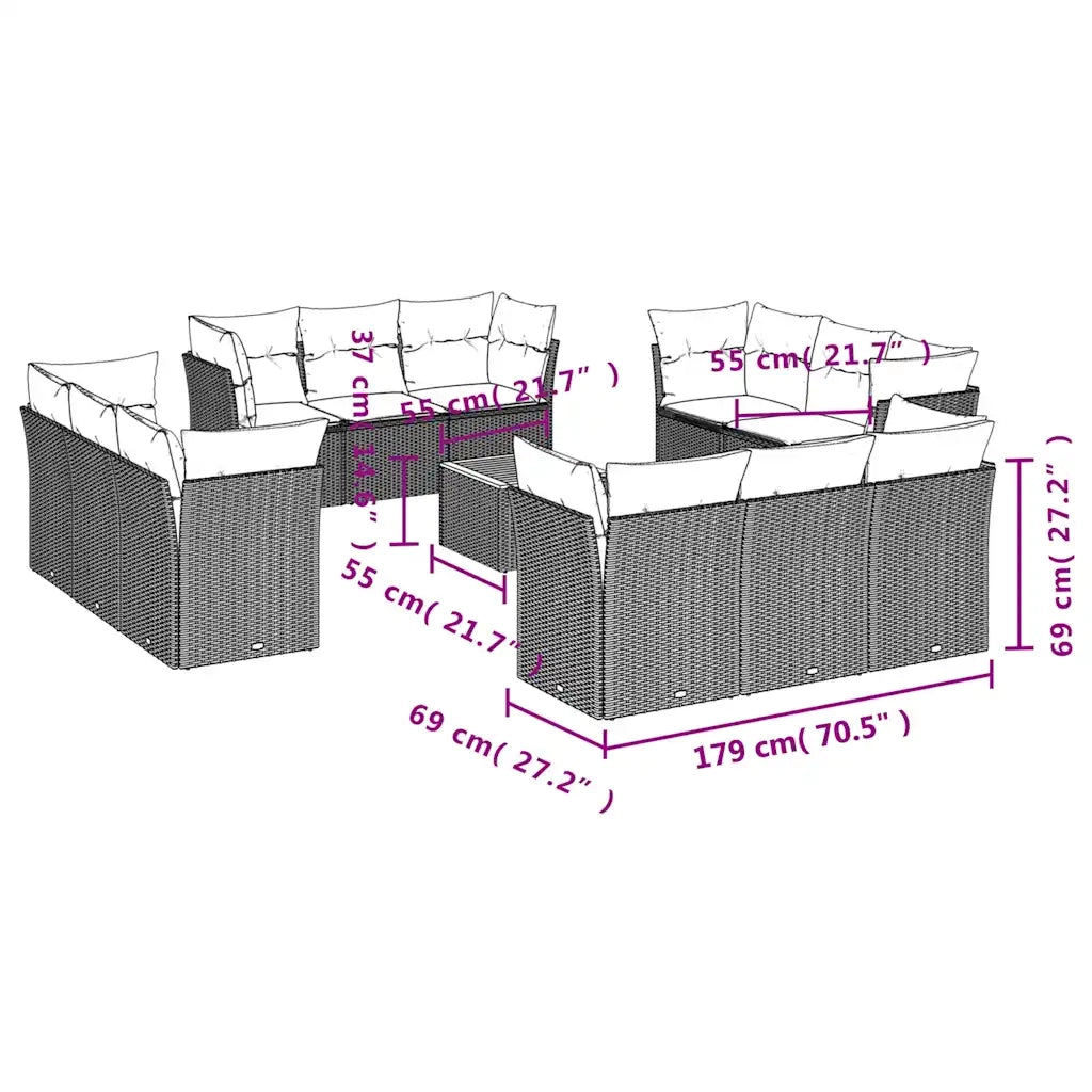 Set Divani da Giardino 13 pz con Cuscini Grigio in Polyrattan